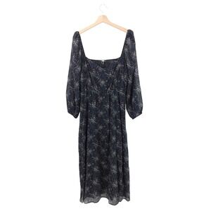 PAIGE Women's Midi Dress L Black Floral Silk Blend Libra Square Neck Long Sleeve